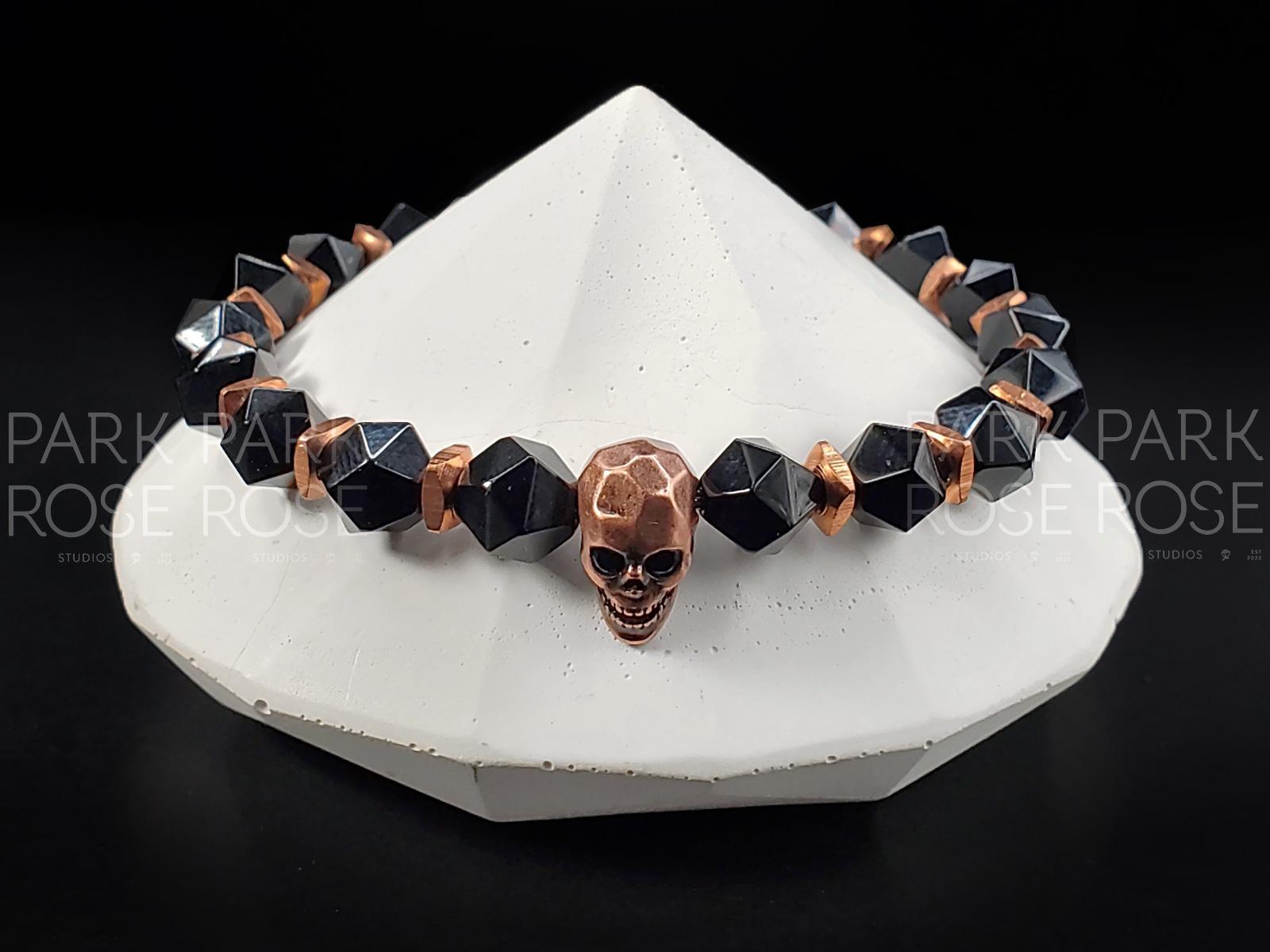 Copper Skull Bracelet: Black Agate
