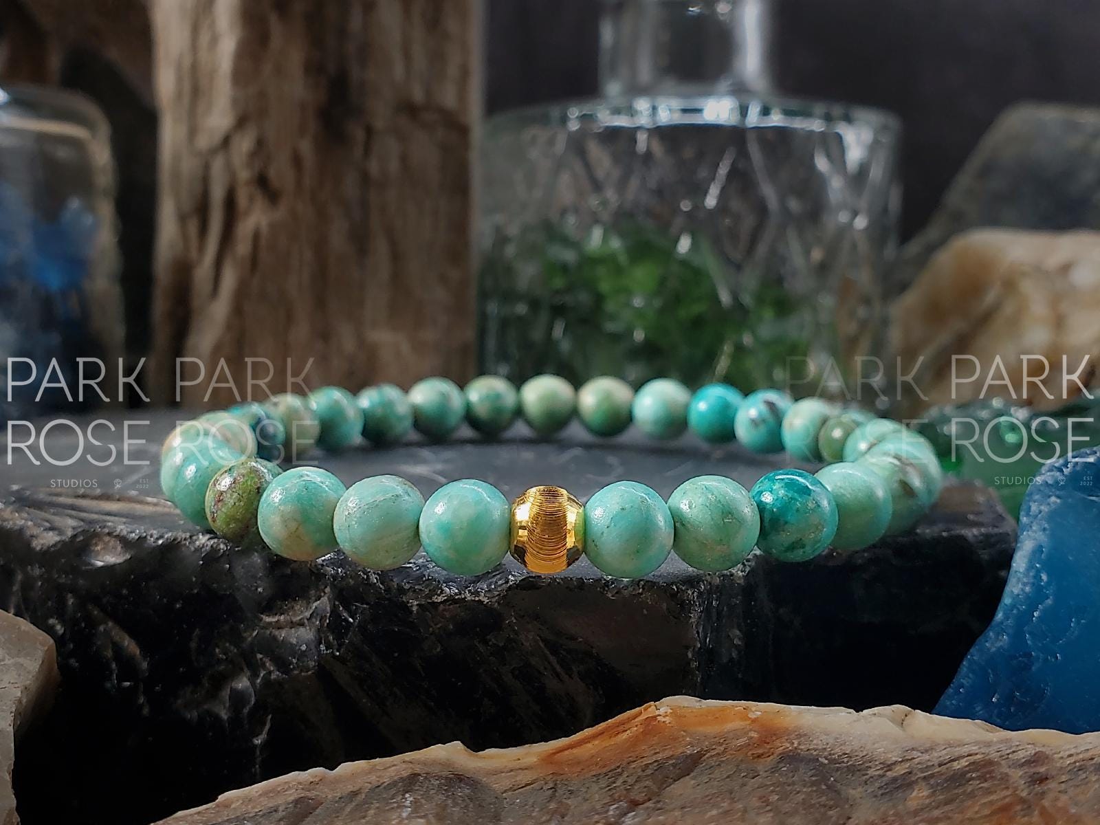 AAAAA Peruvian Turquoise Bracelet: 24K Gold Cat Eye Bead (6mm)