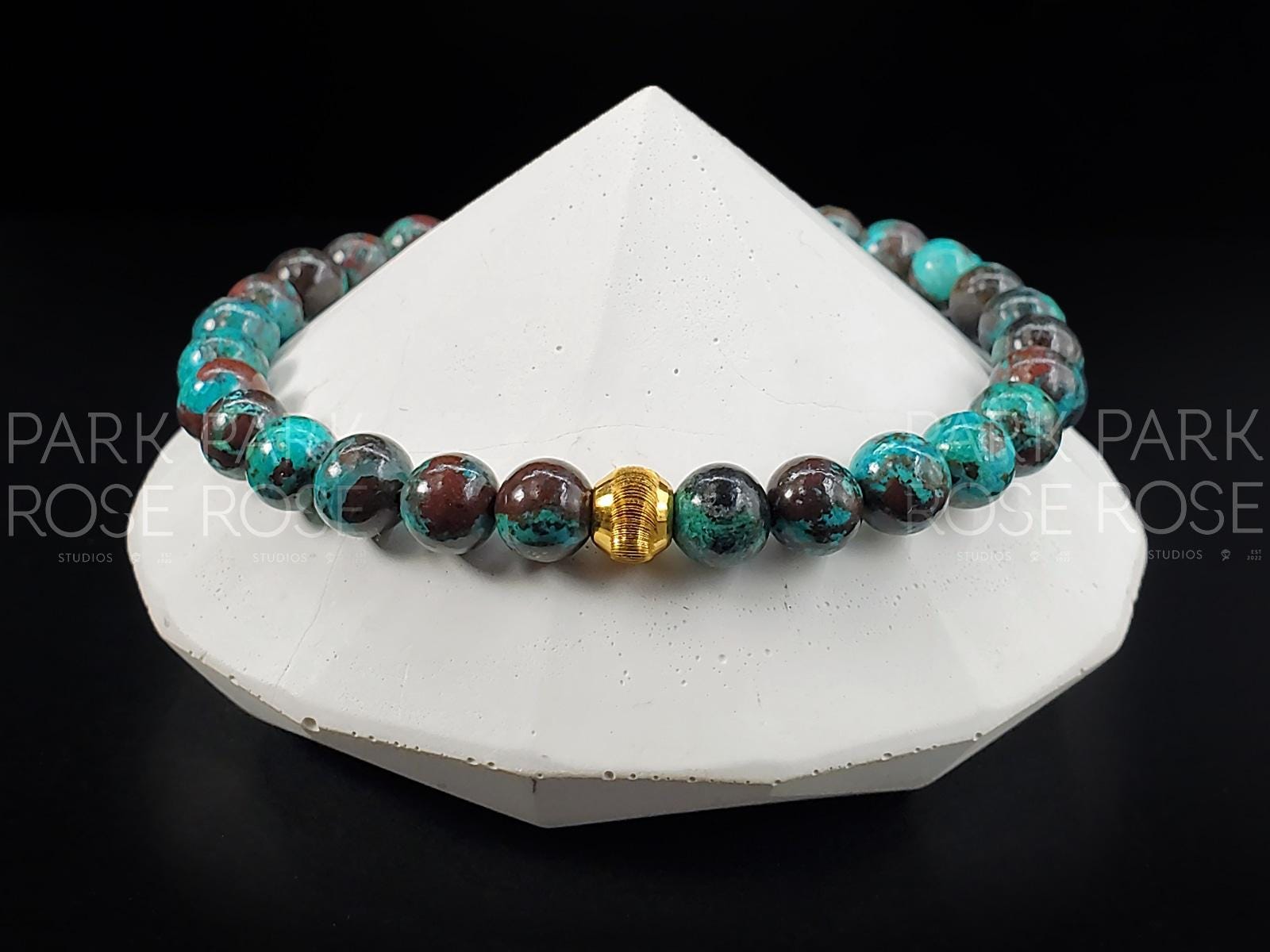 Chrysocolla Turquoise Bracelet: 24K Gold Cat Eye Bead (6mm)