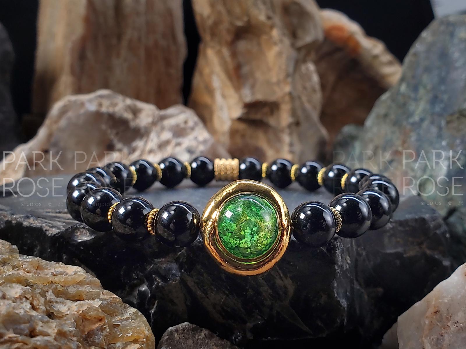 Green Murano Glass & Black Tourmaline Bracelet