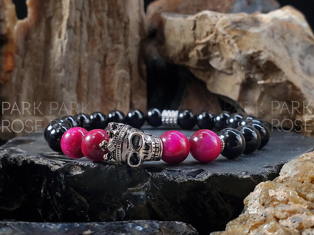Sterling Silver "Queen" Skull Bracelet: Pink Tiger's Eye, Black Tourmaline