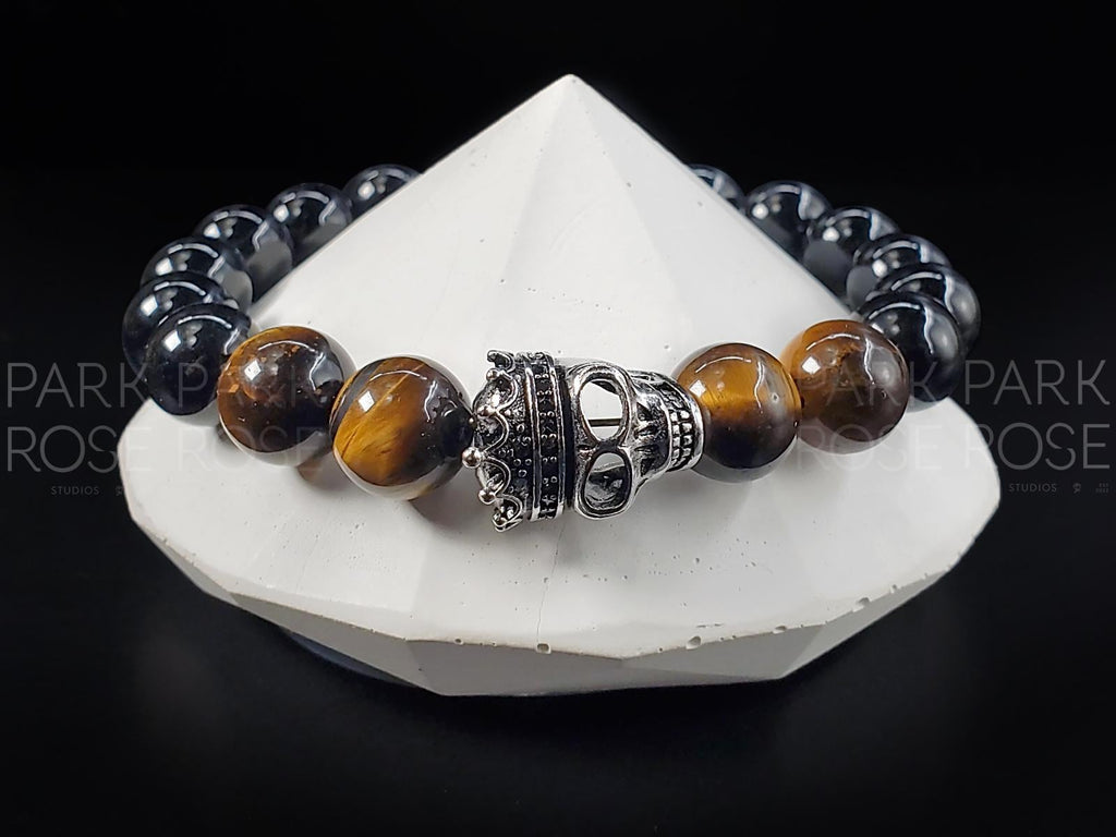 Sterling Silver "King" Skull Bracelet: Yellow Tiger's Eye, Black Tourmaline (10mm)