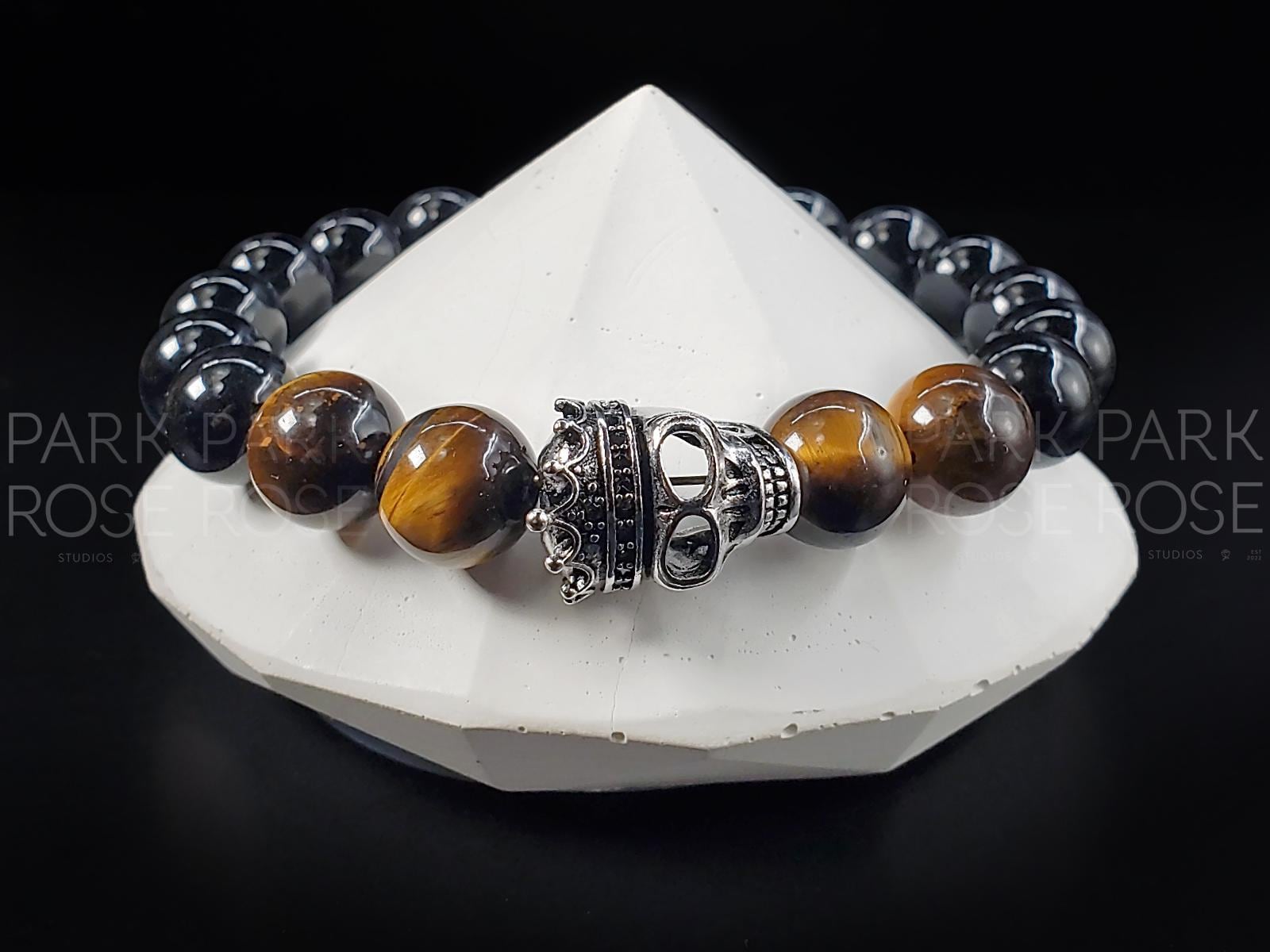 Sterling Silver "King" Skull Bracelet: Yellow Tiger's Eye, Black Tourmaline (10mm)