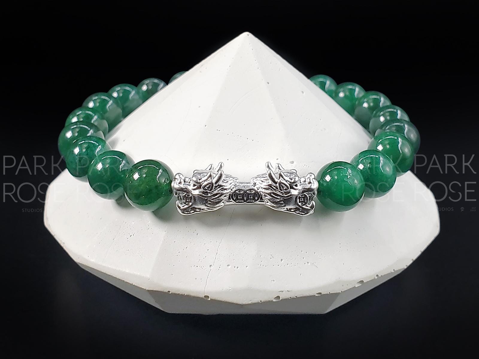 Sterling Silver Double Dragon Green Jade Bracelet: Lunar New Year