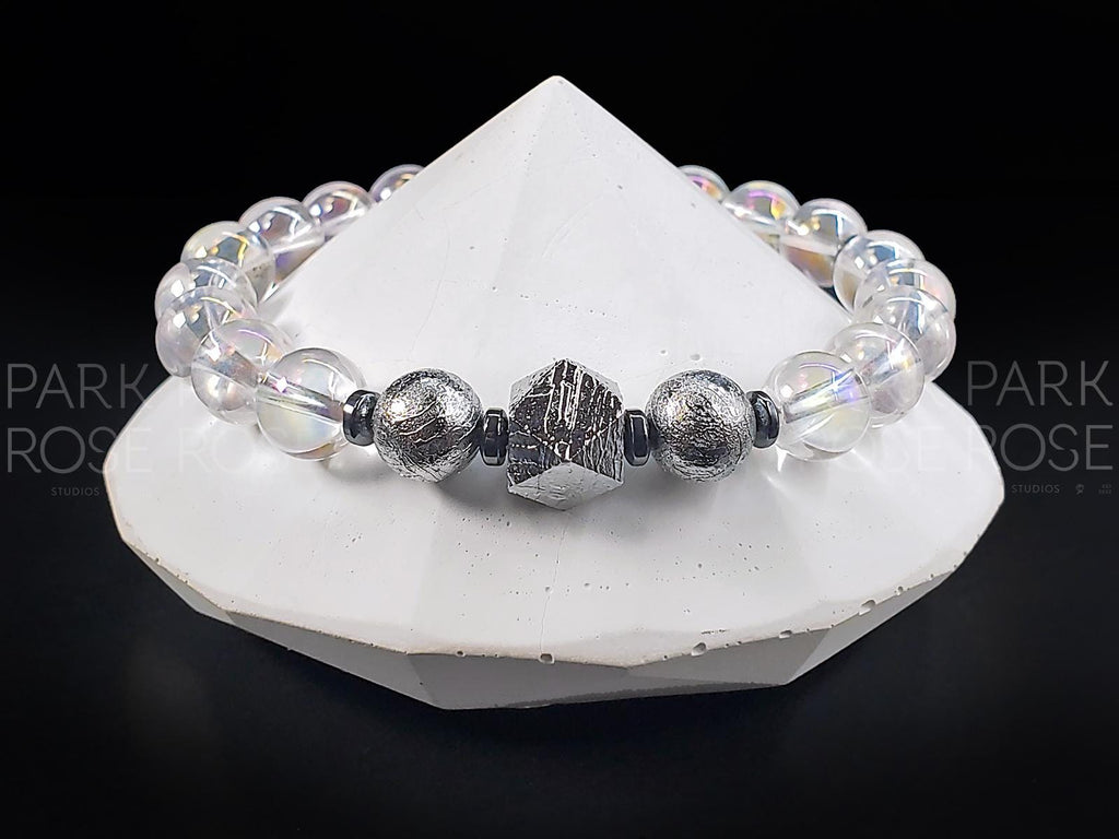 Gibeon Meteorite Bracelet: Angel Aura Quartz Crystal, Iron Nickel (8mm)