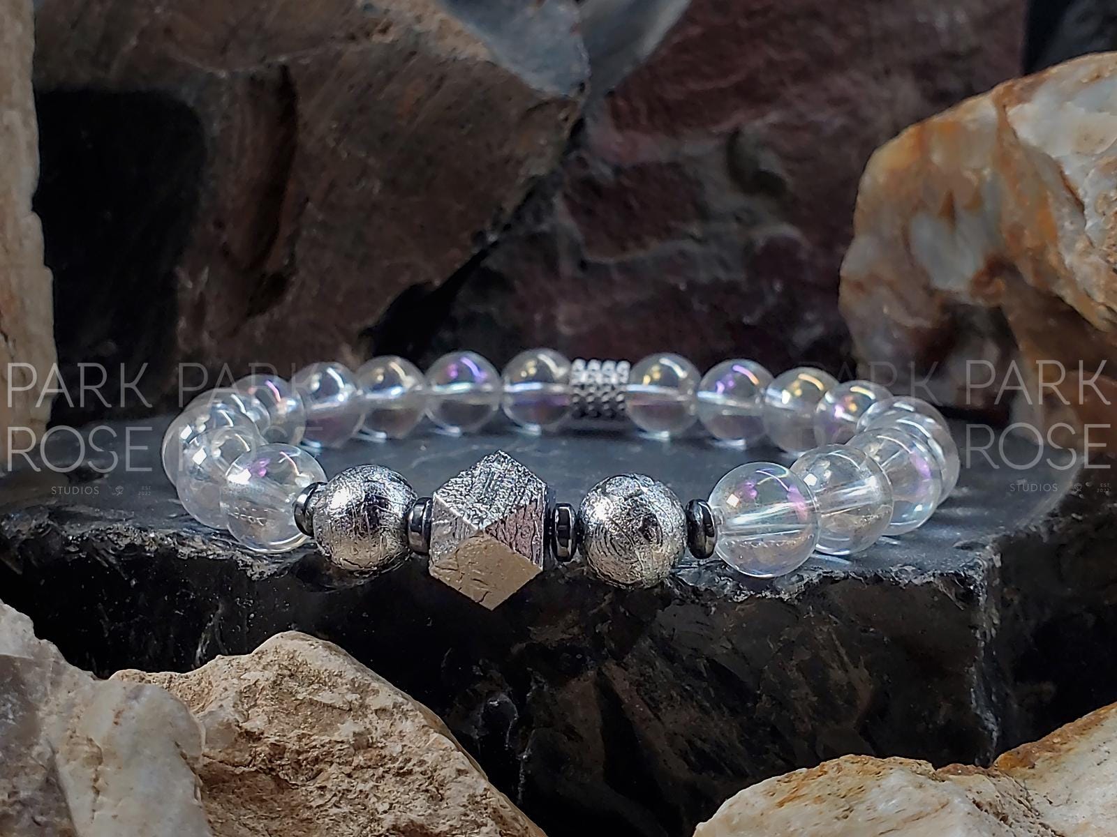 Gibeon Meteorite Bracelet: Angel Aura Quartz Crystal, Iron Nickel (8mm)