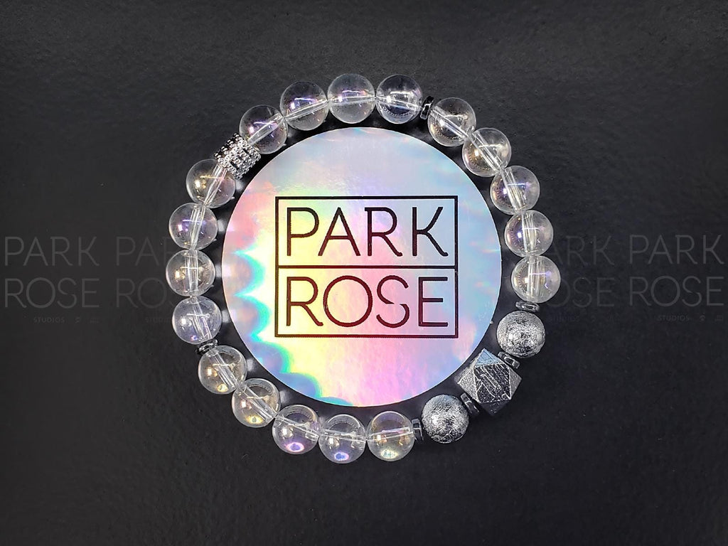 Gibeon Meteorite Bracelet: Angel Aura Quartz Crystal, Iron Nickel (8mm)