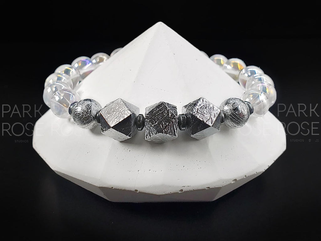 Gibeon Meteorite Bracelet: Angel Aura Quartz Crystal, Iron Nickel (8mm)