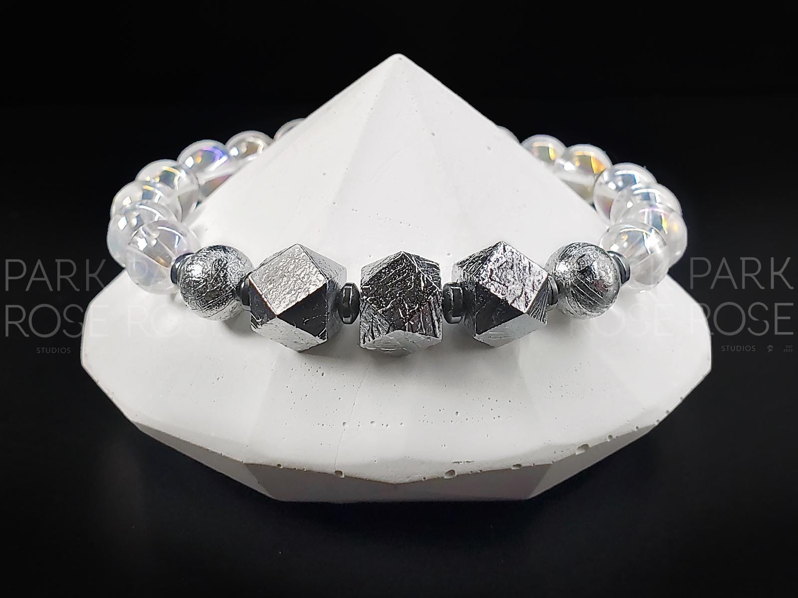Gibeon Meteorite Bracelet: Angel Aura Quartz Crystal, Iron Nickel (8mm)