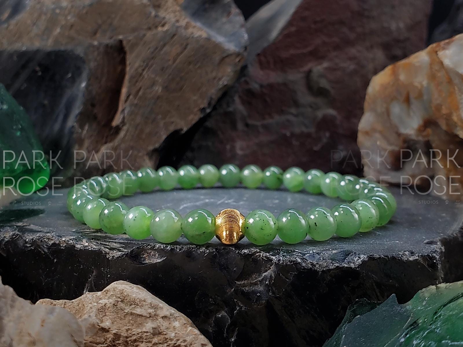 Green & White Nephrite Jade Bracelet Stack: 24K Gold Cat Eye Bead (6mm)