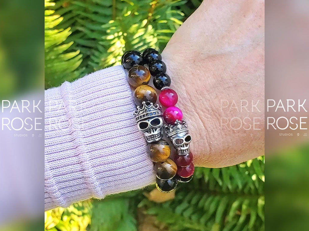 Sterling Silver "Queen" Skull Bracelet: Pink Tiger's Eye, Black Tourmaline