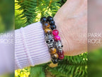 Sterling Silver "Queen" Skull Bracelet: Pink Tiger's Eye, Black Tourmaline