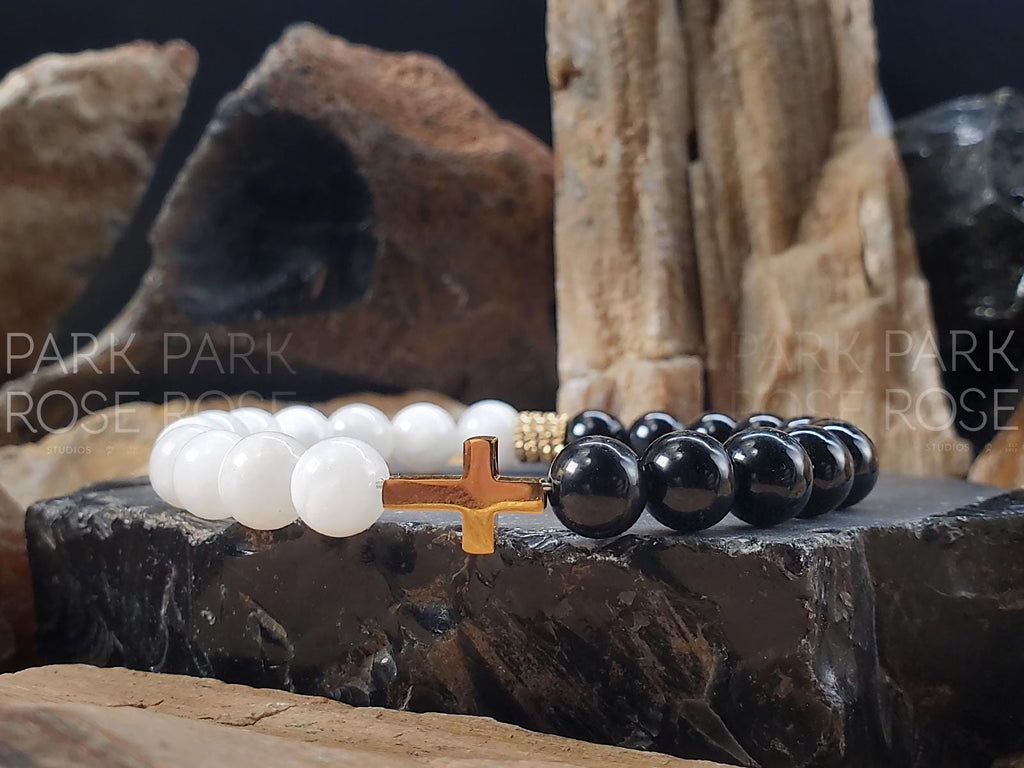 Black Tourmaline & Moonstone Stainless Steel Cross Bracelet (8mm)
