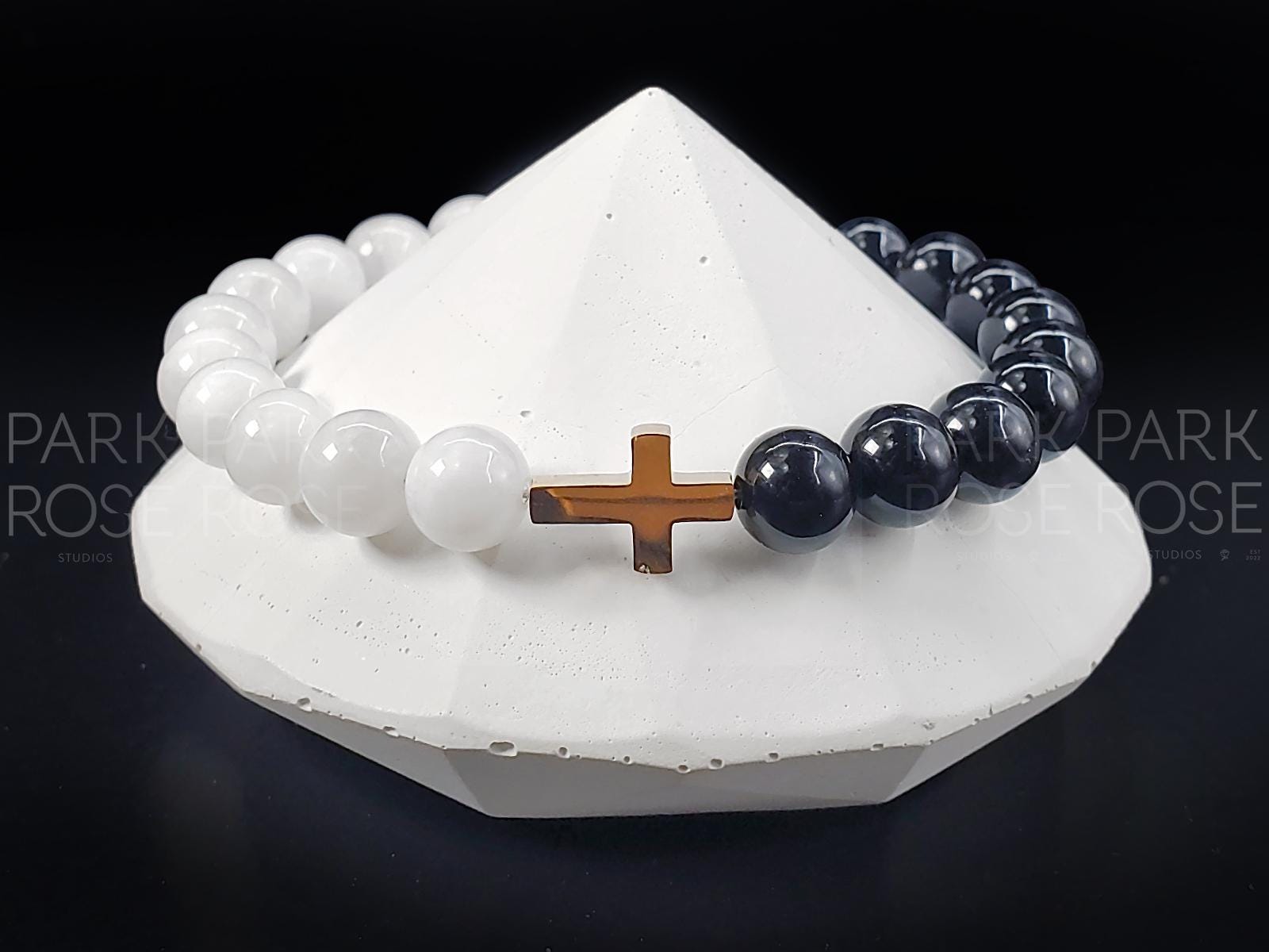 Black Tourmaline & Moonstone Stainless Steel Cross Bracelet (8mm)