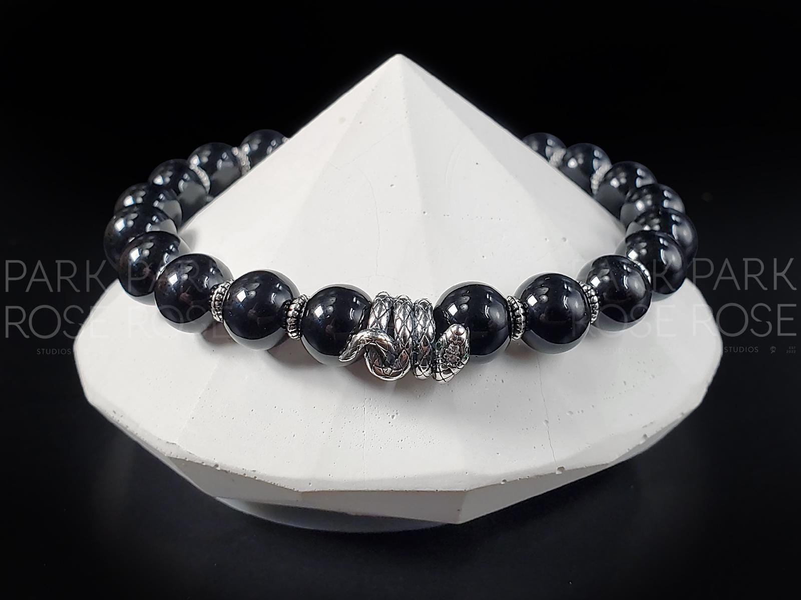 Black Tourmaline Gemstone Bracelet: Sterling Silver Snake Charm (8mm)