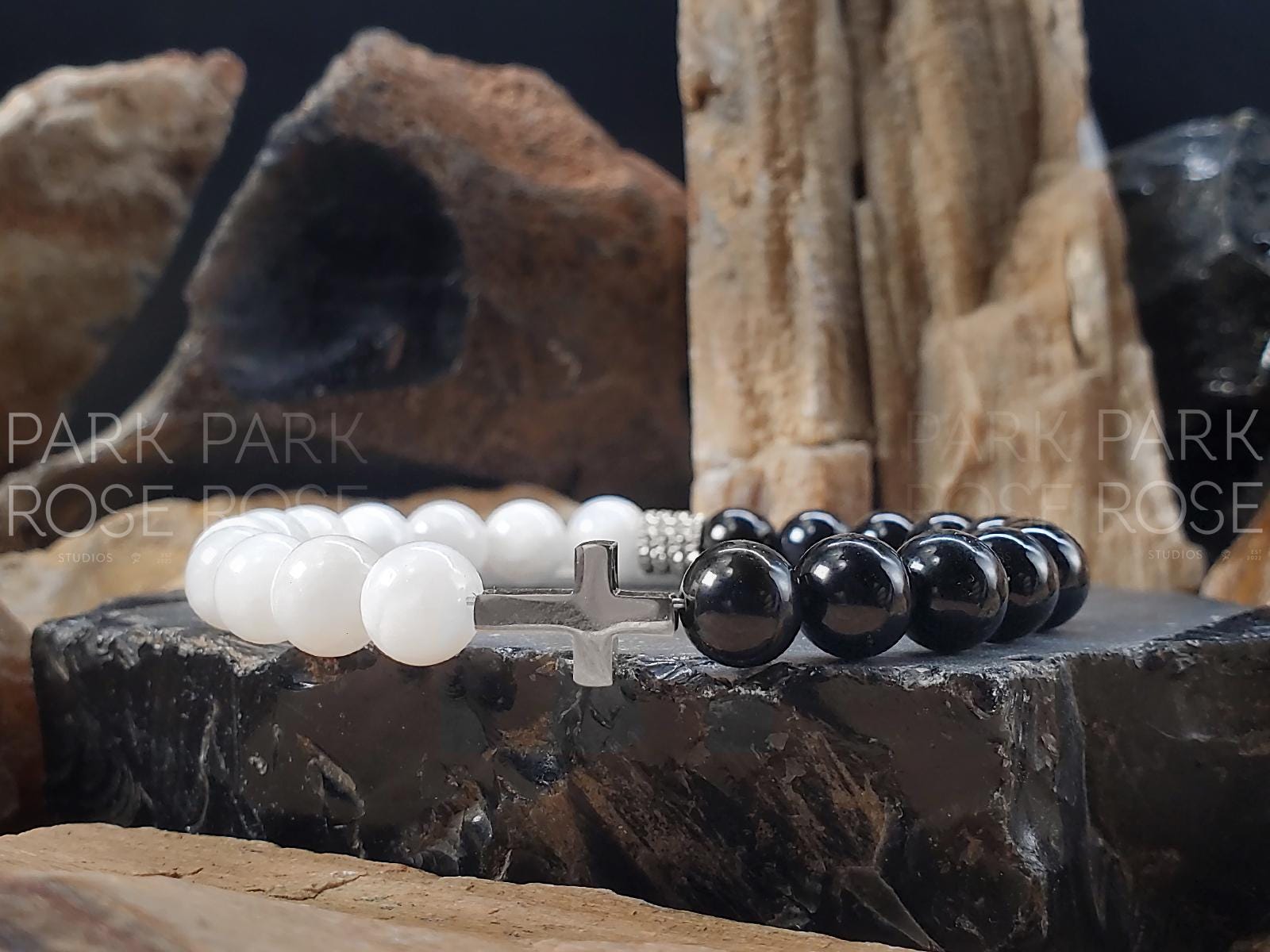 Black Tourmaline & Moonstone Stainless Steel Cross Bracelet (8mm)