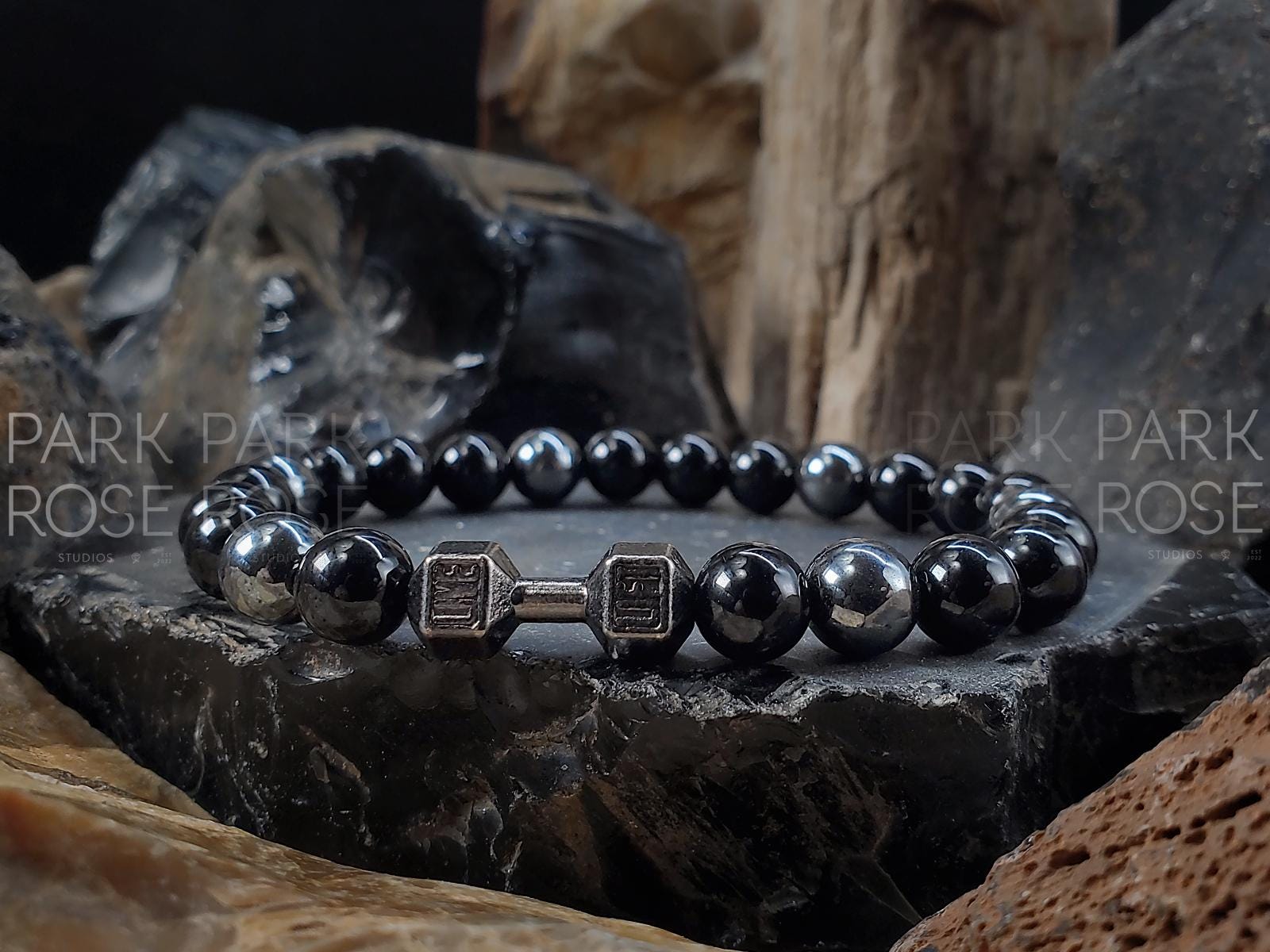 Black Tourmaline & Hematite Bracelet with Dumbbell Charm (8mm)