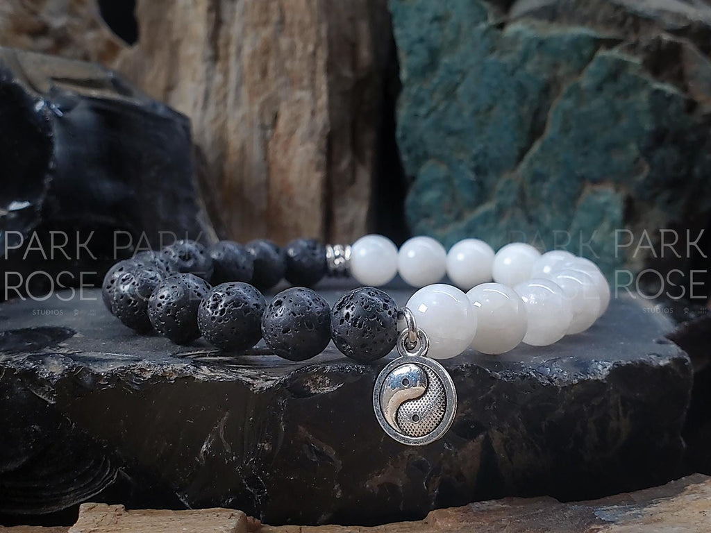 Moonstone & Black Lava Gemstone Bracelet with Yin Yang Charm (8mm)
