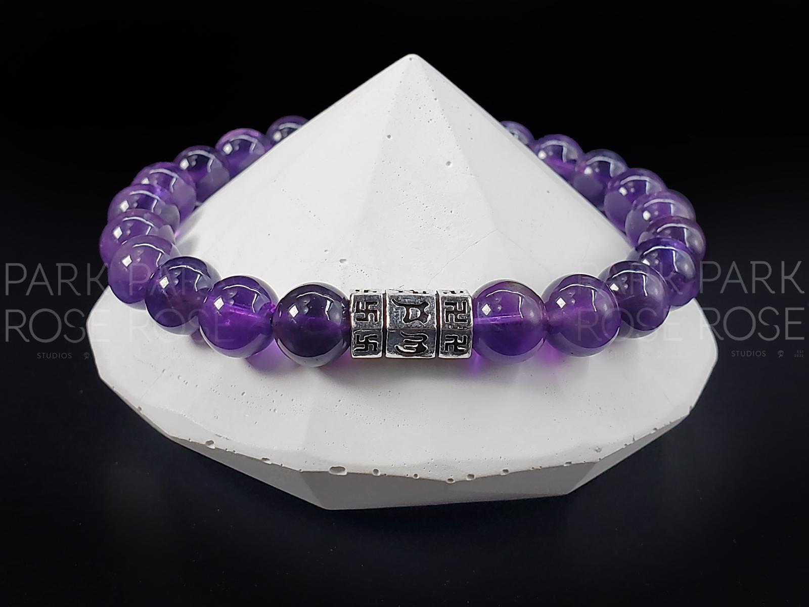 Amethyst Crystal Bracelet: Sterling Silver Buddhism Prayer Bead (8mm)