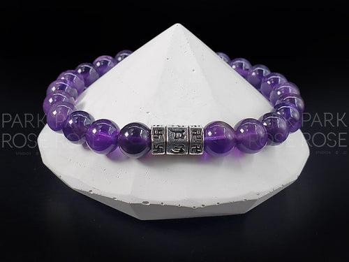 Amethyst Crystal Bracelet: Sterling Silver Buddhism Prayer Bead (8mm)
