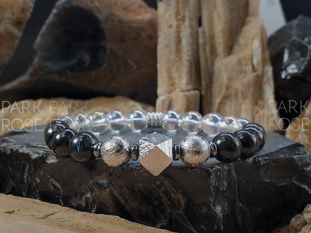 Gibeon Meteorite Bracelet: Angel Aura Quartz & Arfvedsonite (8mm)