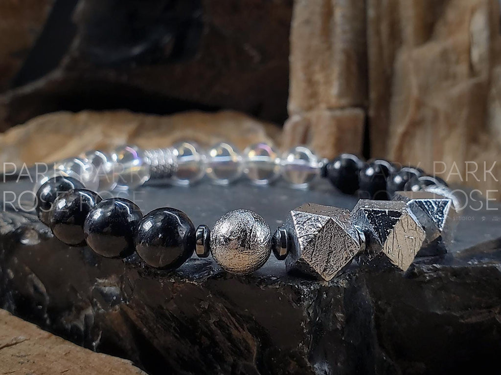 Gibeon Meteorite Bracelet: Angel Aura Quartz & Arfvedsonite (8mm)