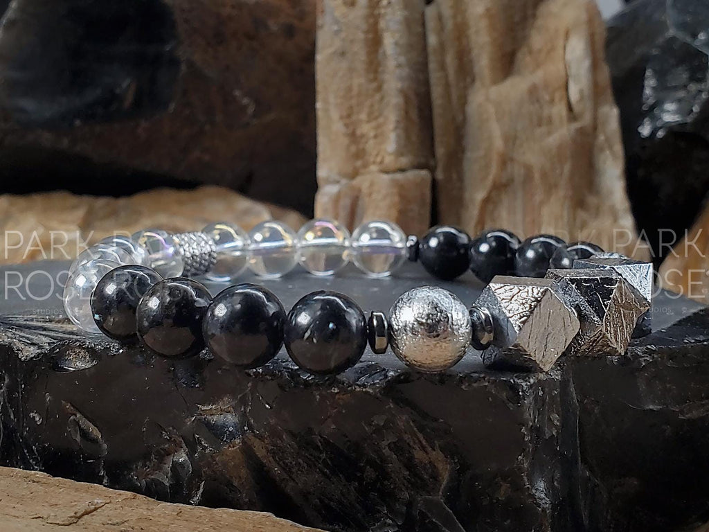 Gibeon Meteorite Bracelet: Angel Aura Quartz & Arfvedsonite (8mm)