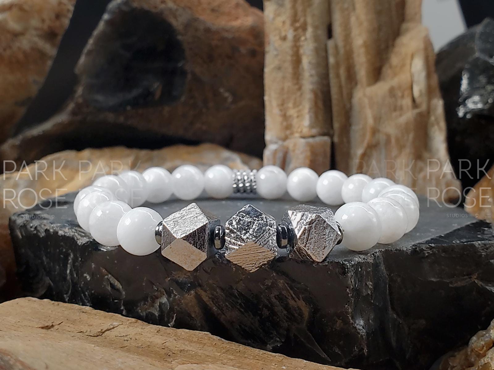 Gibeon Meteorite Bracelet Featuring AAAA Sri Lanka Moonstone (8mm)