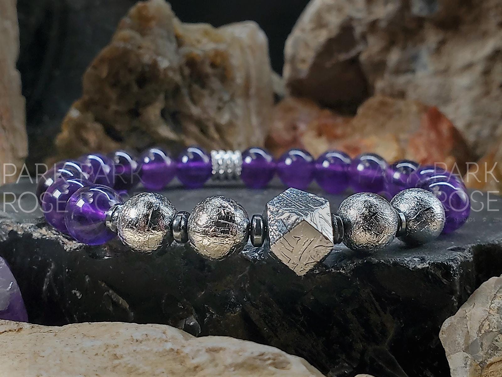 Gibeon Meteorite Bracelet: AAAA Amethyst & Hematite