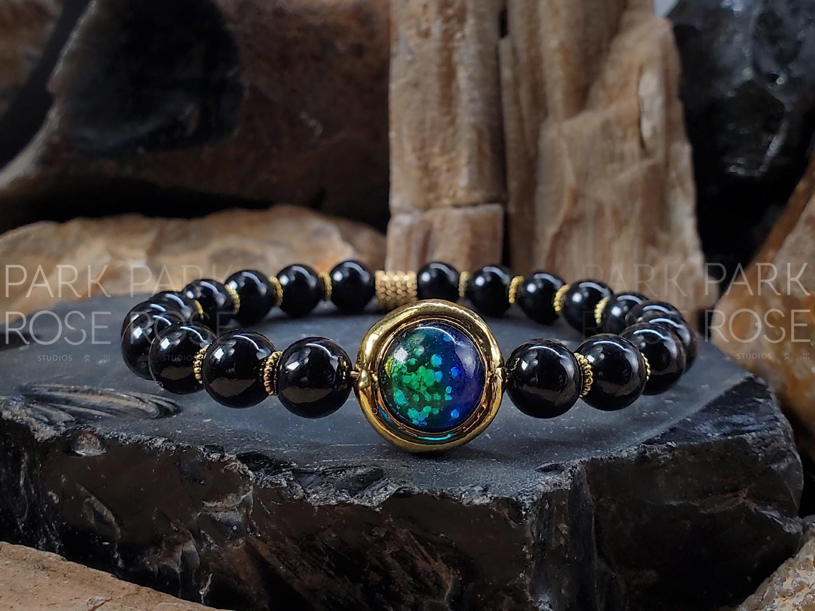 Black Tourmaline Bracelet: Murano Glass Gold Plated Bead (8mm)