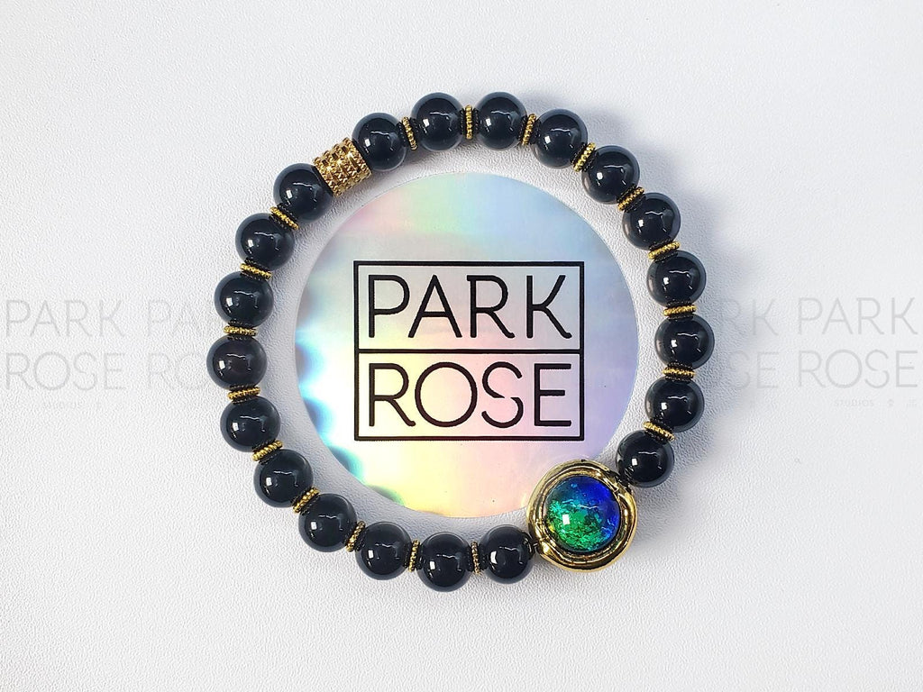 Black Tourmaline Bracelet: Murano Glass Gold Plated Bead (8mm)