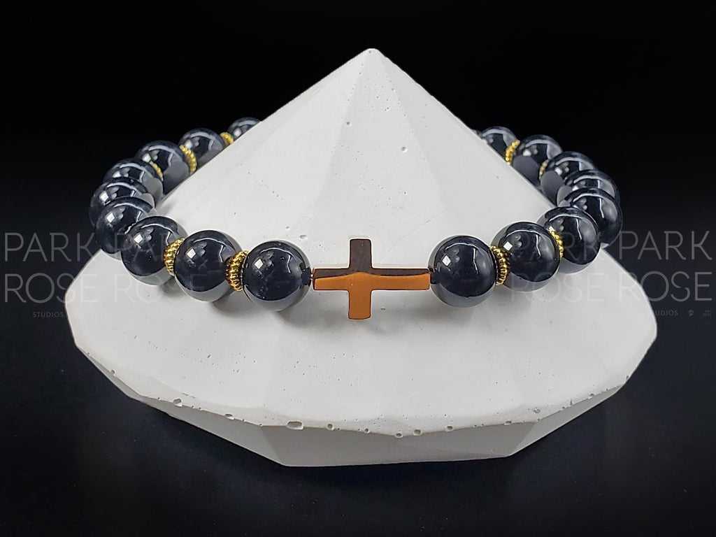 Black Tourmaline Cross Bracelet: Stainless Steel Religious Jewelry (8mm)