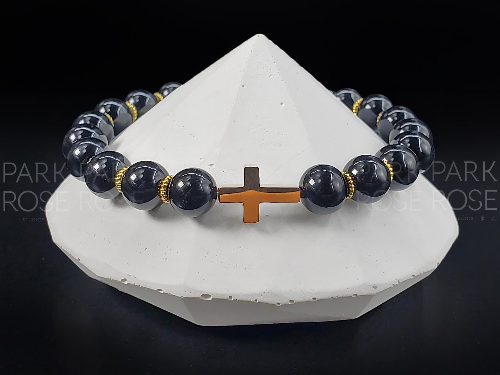 Black Tourmaline Cross Bracelet: Stainless Steel Religious Jewelry (8mm)