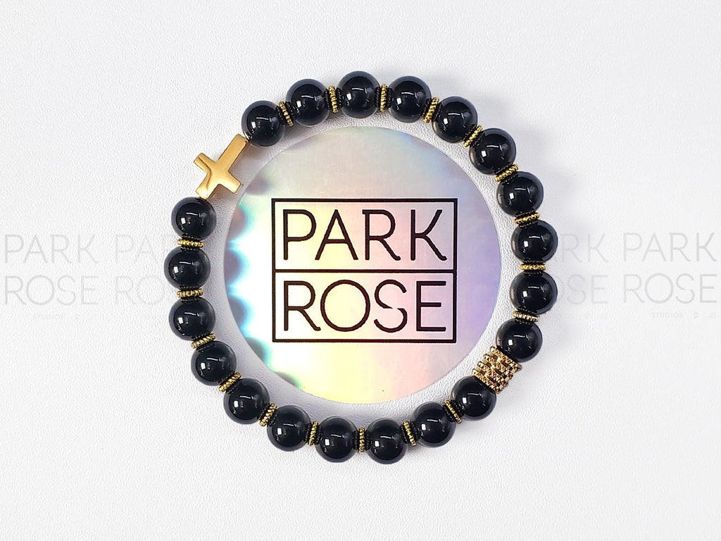 Black Tourmaline Cross Bracelet: Stainless Steel Religious Jewelry (8mm)