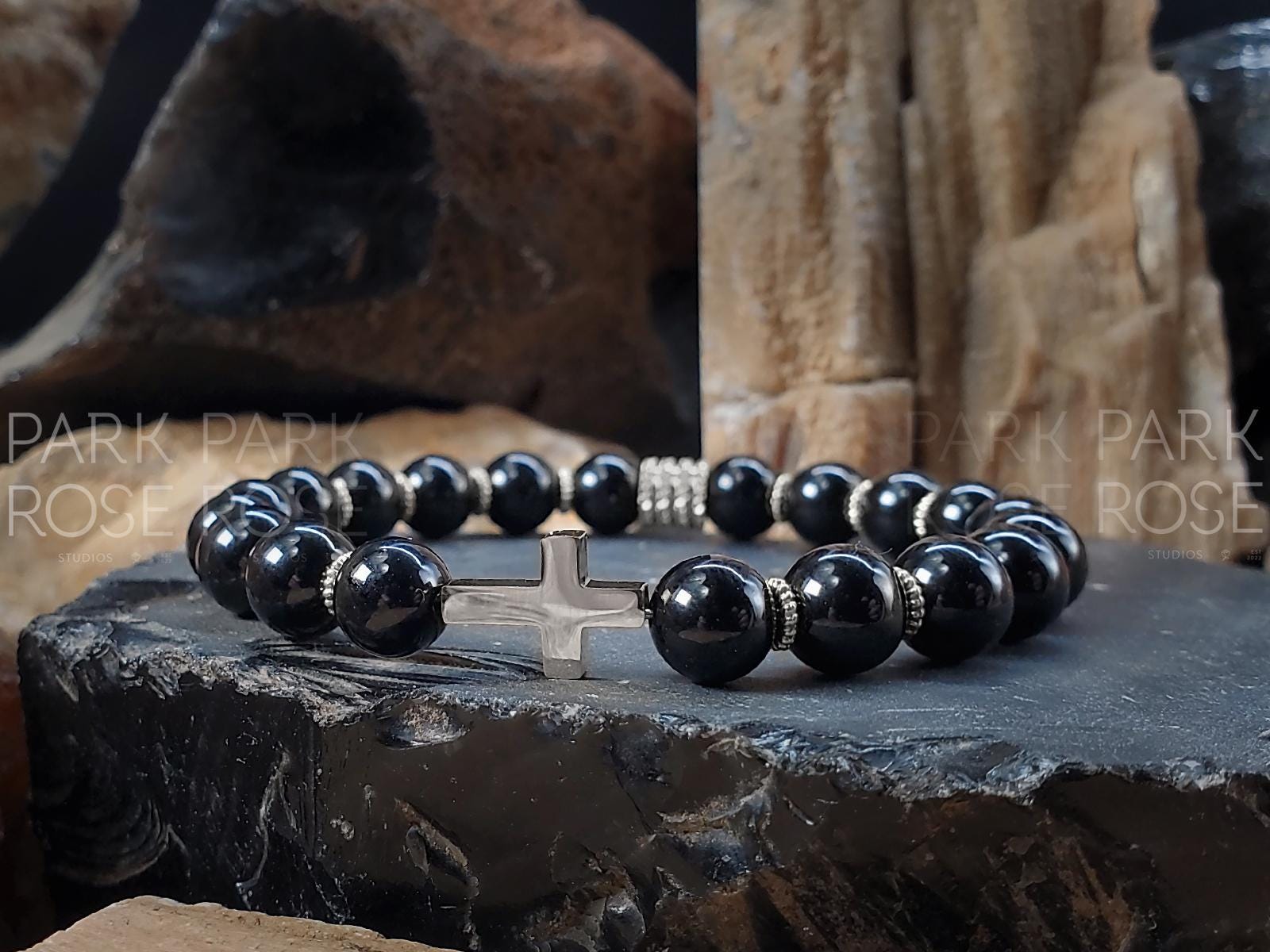 Black Tourmaline Cross Bracelet: Stainless Steel Religious Jewelry (8mm)