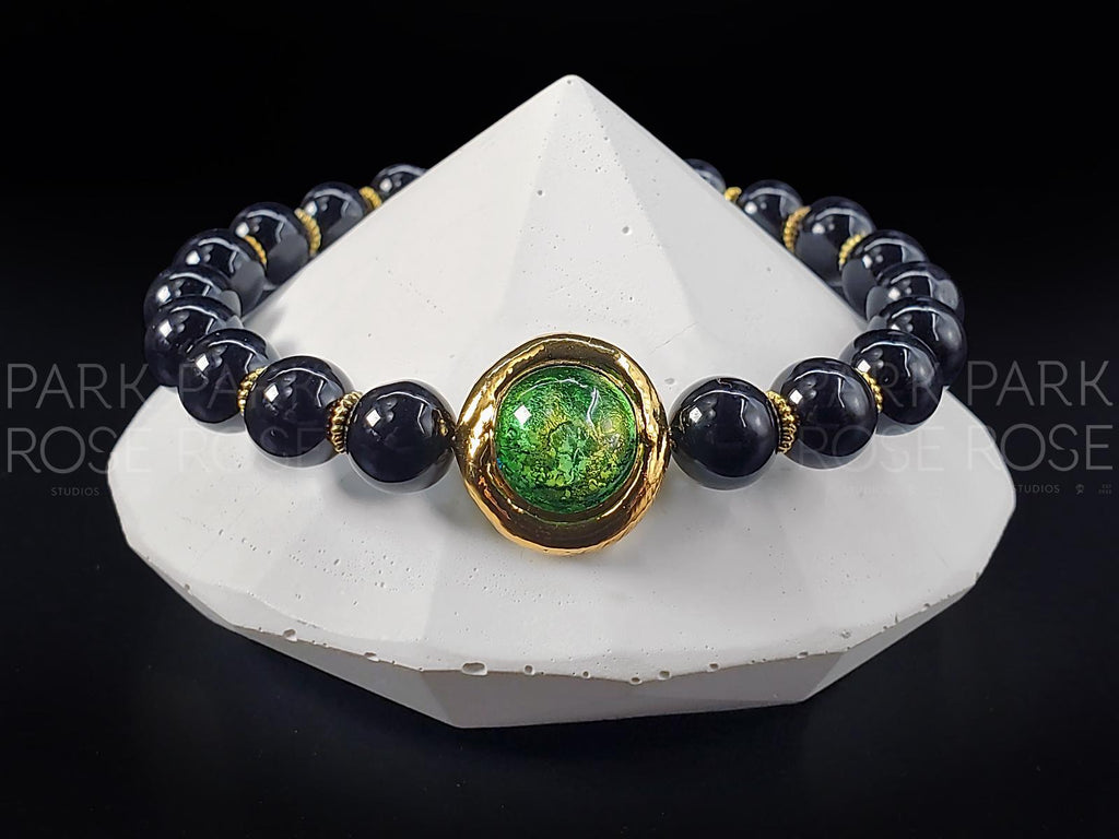 Green Murano Glass & Black Tourmaline Bracelet