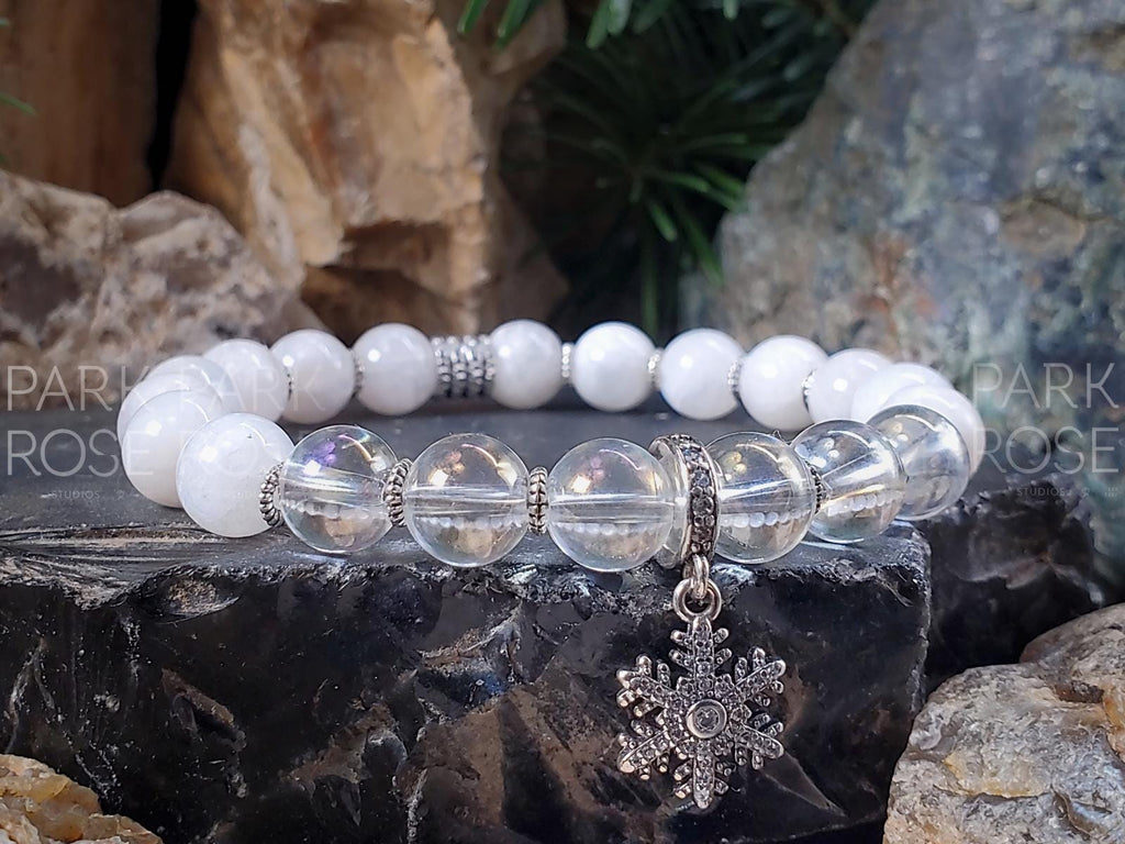 Angel Aura Quartz Bracelet: Moonstone & Sterling Silver Snowflake Charm (8mm)
