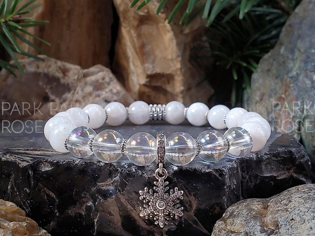 Angel Aura Quartz Bracelet: Moonstone & Sterling Silver Snowflake Charm (8mm)