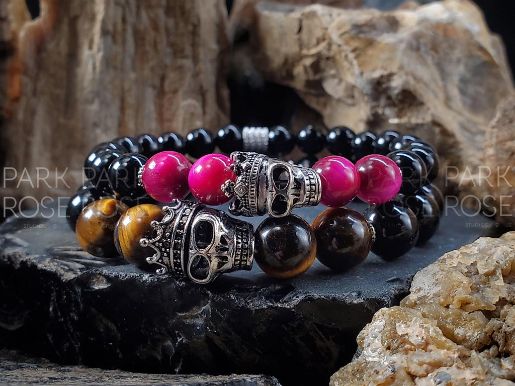 Sterling Silver "King" Skull Bracelet: Yellow Tiger's Eye, Black Tourmaline (10mm)