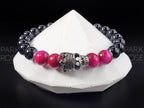 Sterling Silver "Queen" Skull Bracelet: Pink Tiger's Eye, Black Tourmaline