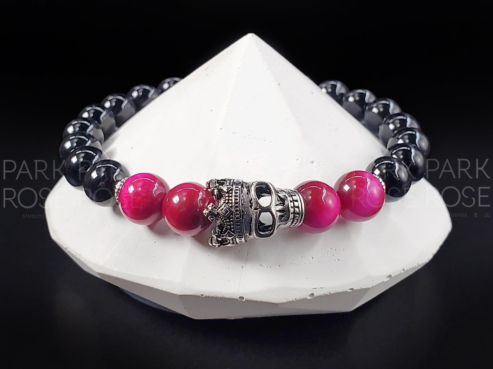 Sterling Silver "Queen" Skull Bracelet: Pink Tiger's Eye, Black Tourmaline