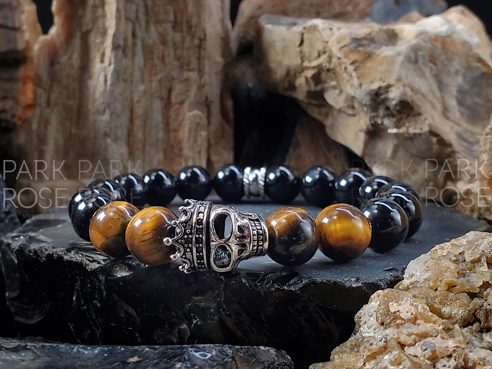 Sterling Silver "Queen" Skull Bracelet: Pink Tiger's Eye, Black Tourmaline