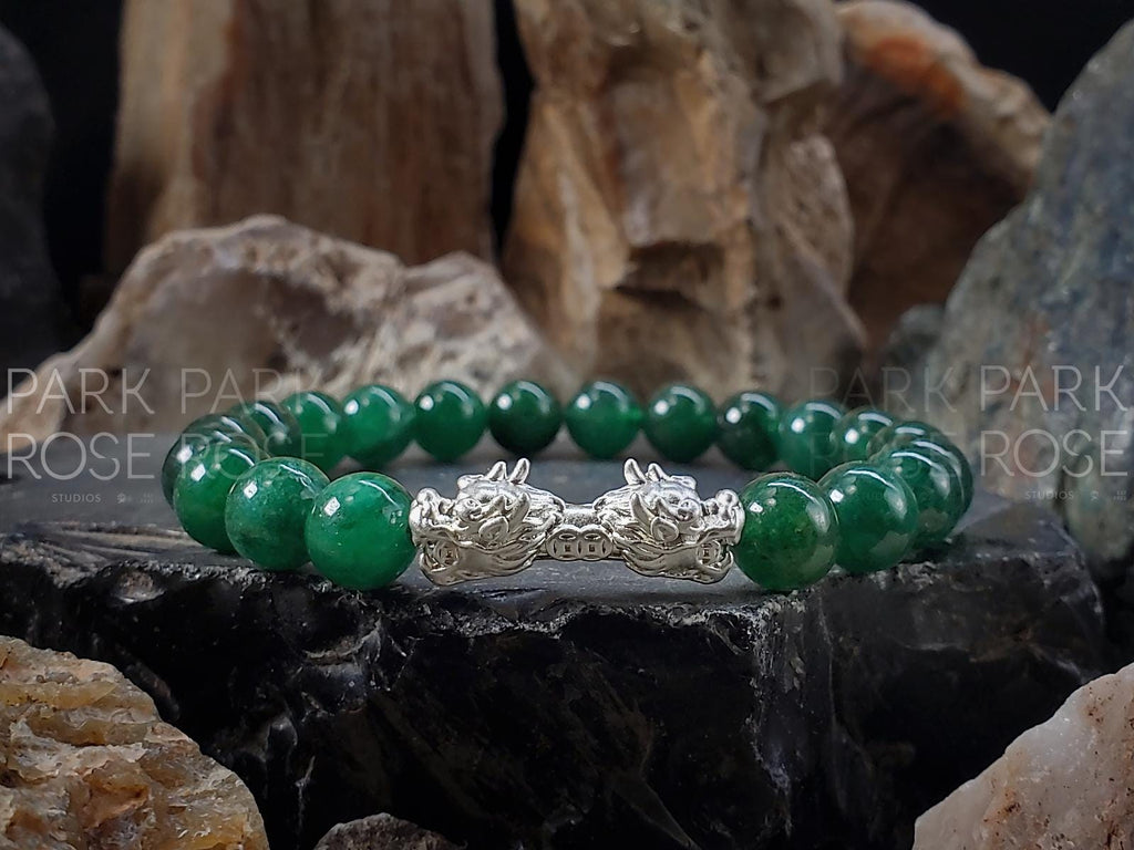 Sterling Silver Double Dragon Green Jade Bracelet: Lunar New Year