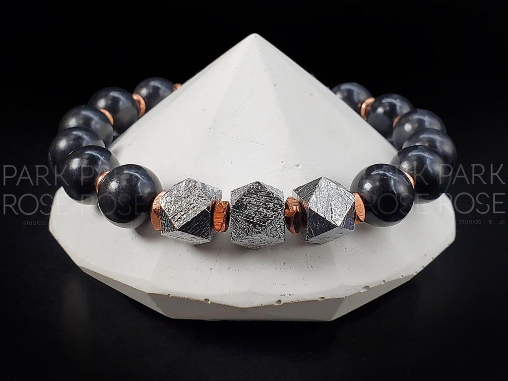Faceted Gibeon Meteorite Shungite & Copper Bracelet (10mm)