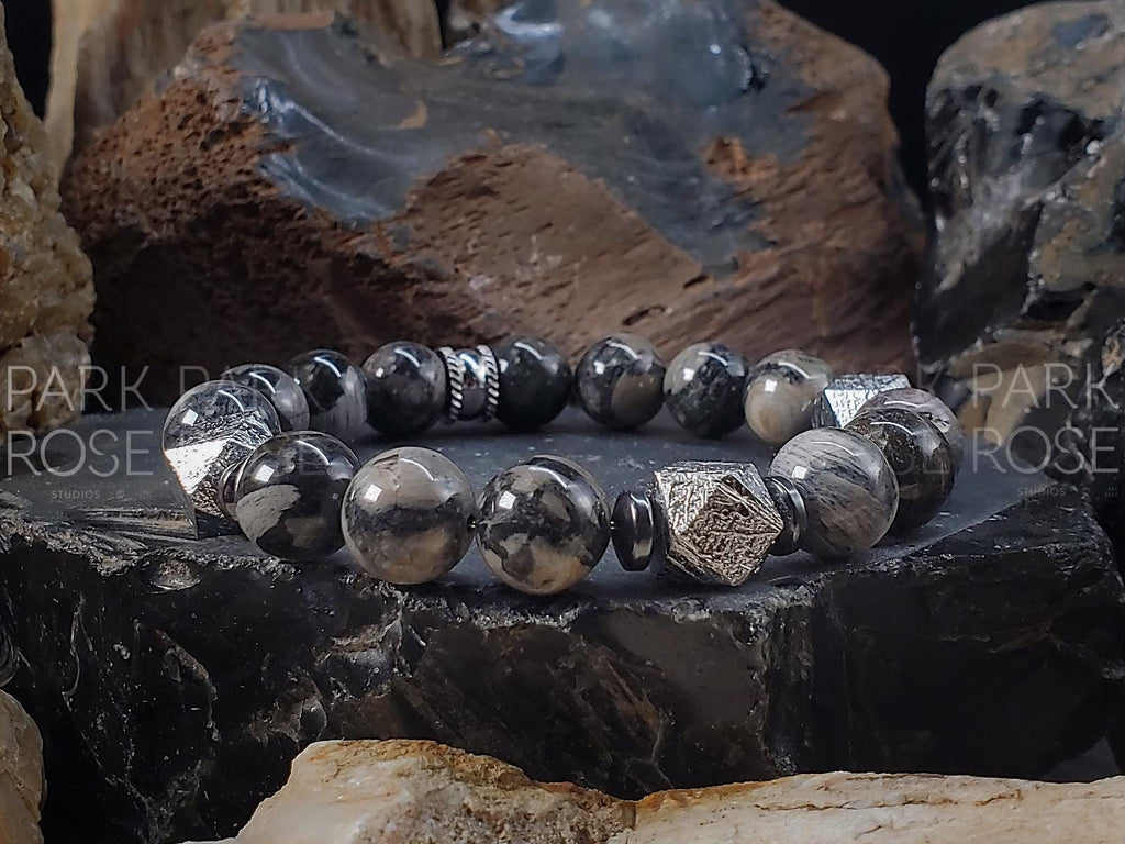 Gibeon Meteorite Bracelet: Black Silver Leaf Jasper Jewelry (10mm)