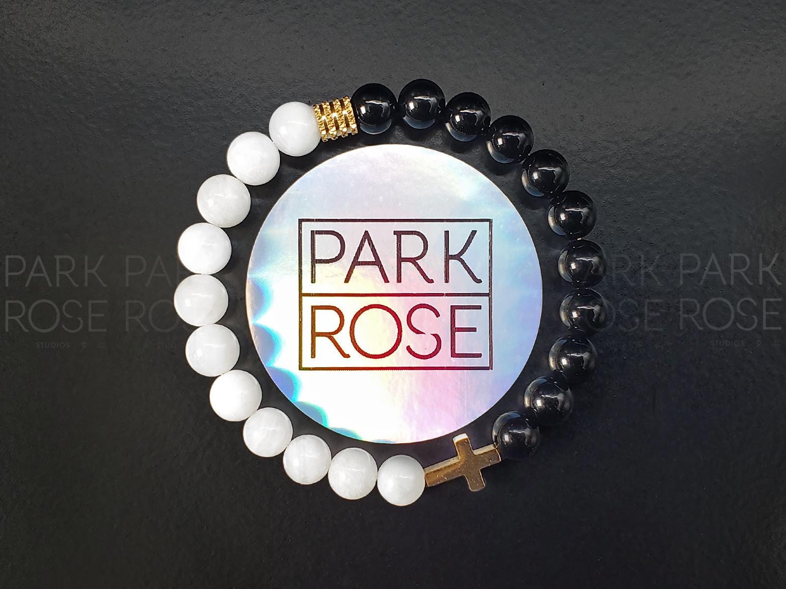 Black Tourmaline & Moonstone Stainless Steel Cross Bracelet (8mm)