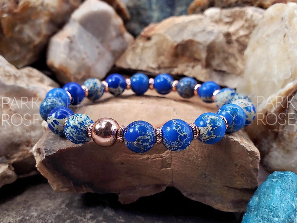 Dark Blue Sea Sediment Jasper Bracelet: 24K Rose Gold Accents (8mm)