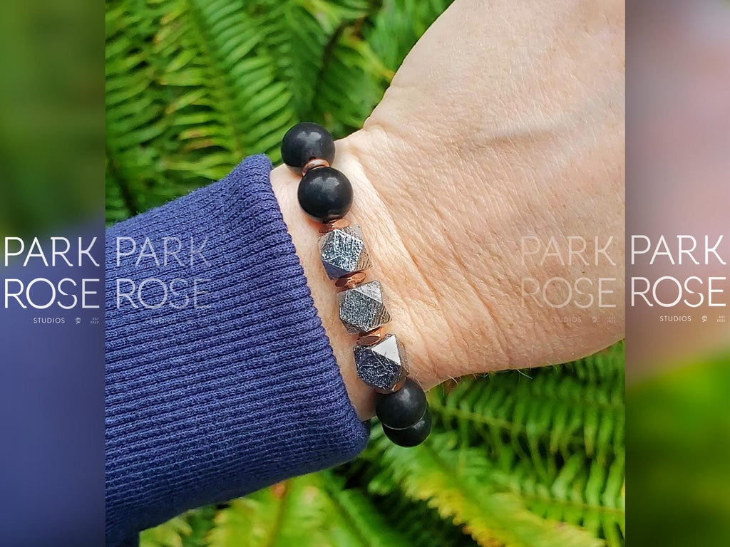 Faceted Gibeon Meteorite Shungite & Copper Bracelet (10mm)