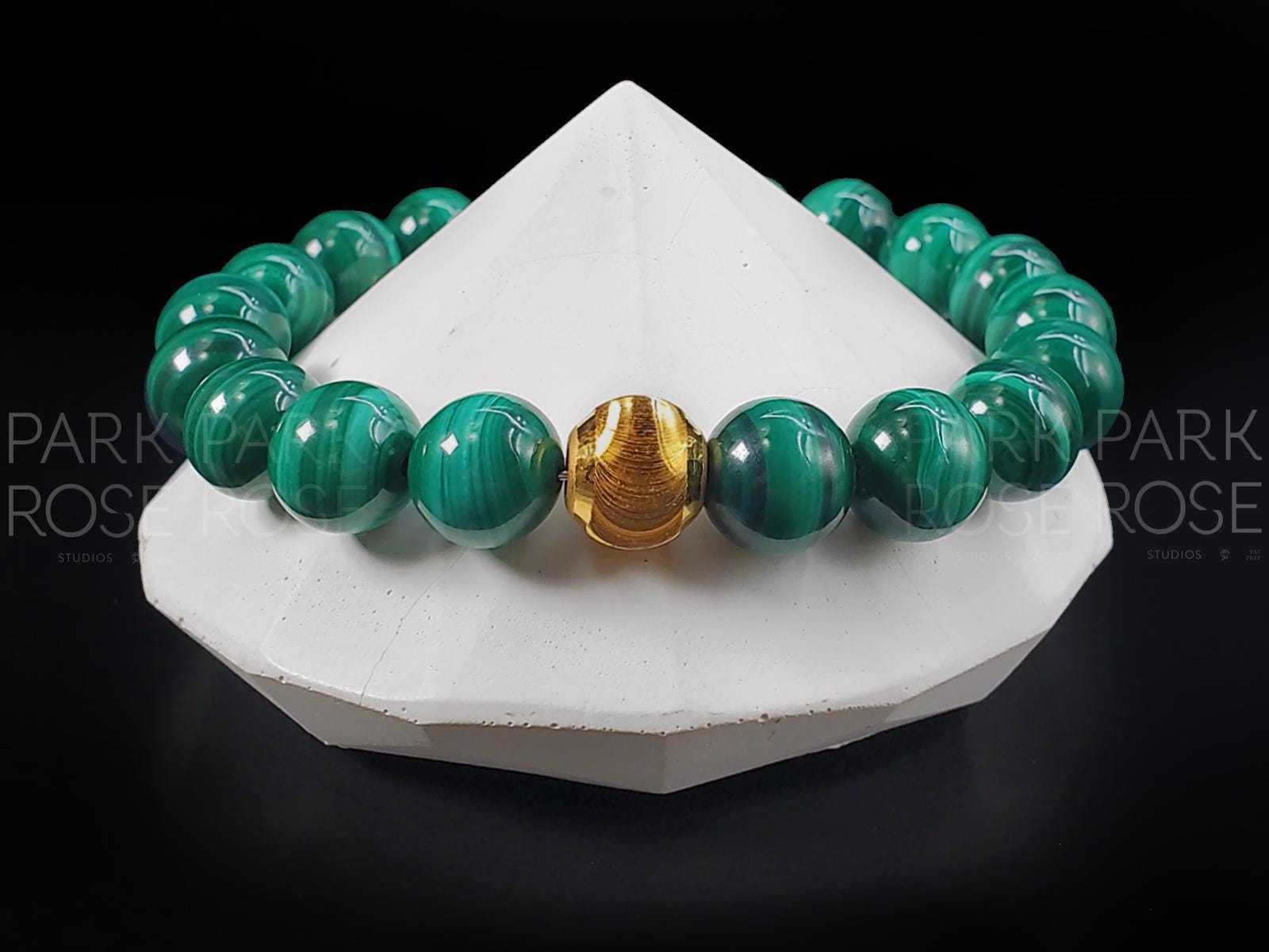 Congo Malachite Bracelet: 24K Gold Cat Eye Bead (10mm)
