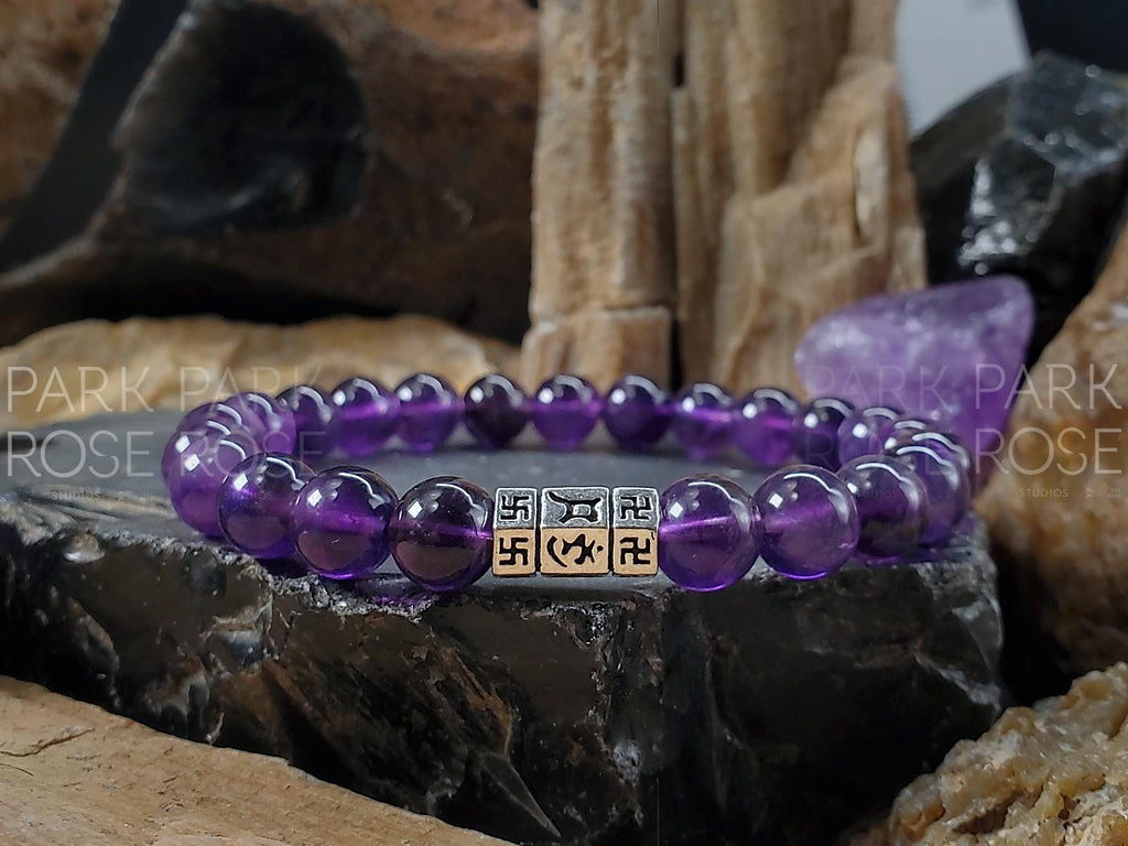 Amethyst Crystal Bracelet: Sterling Silver Buddhism Prayer Bead (8mm)